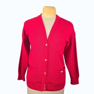 Vintage Castle of Ireland Red Wool Blend V-Neck Button Cardigan Sweater Women 38